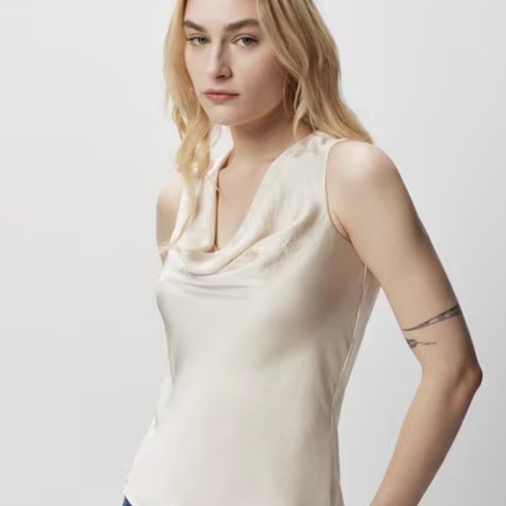 Theory Silky Cowl Draped Sleeveless Blouse Off White